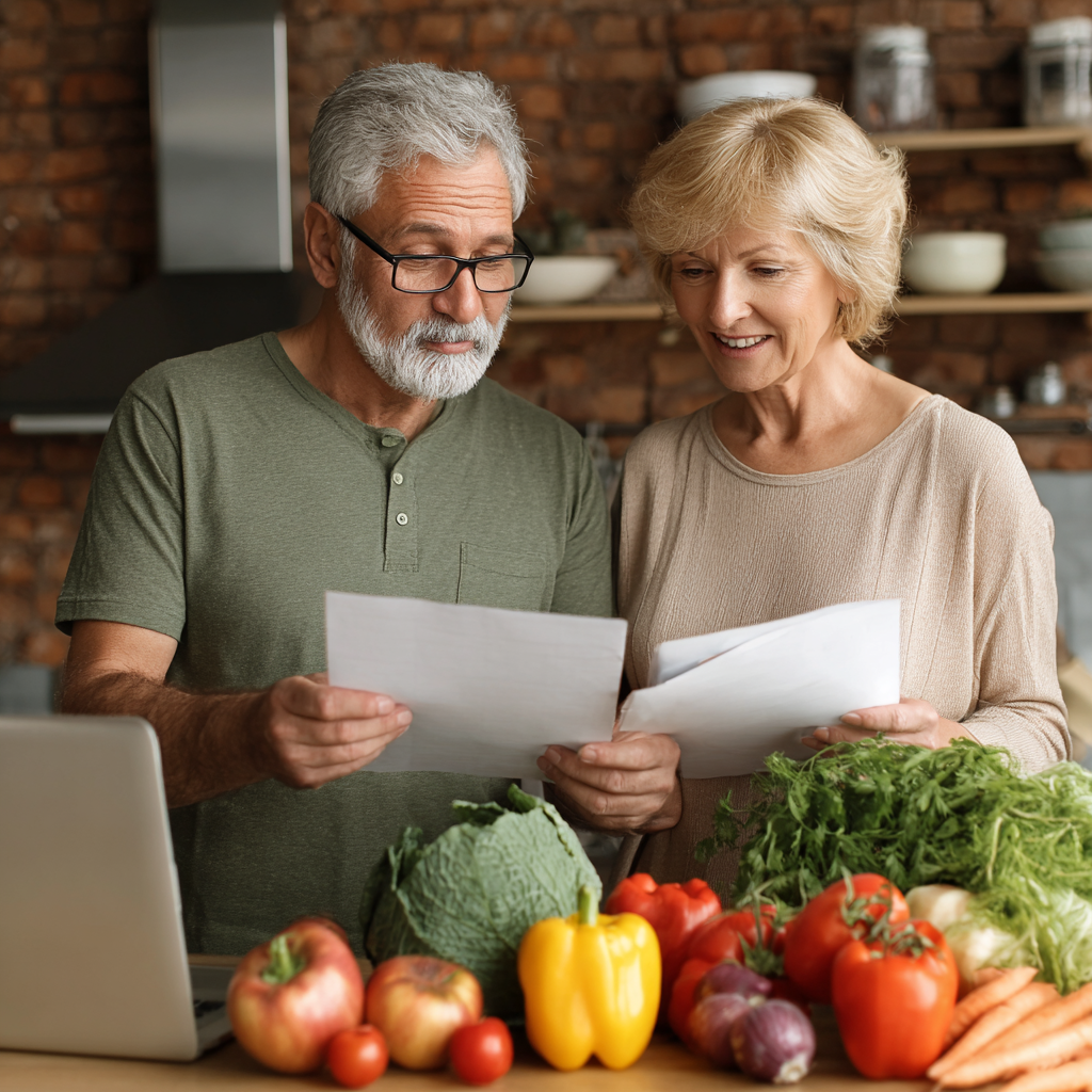 Middle-aged adults reviewing healthy meal plans and nutrition guidance