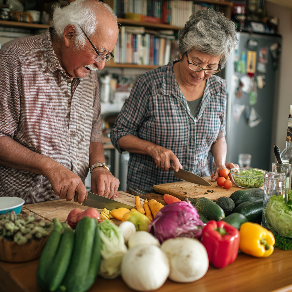 Older adults preparing nutritious meals with fresh ingredients